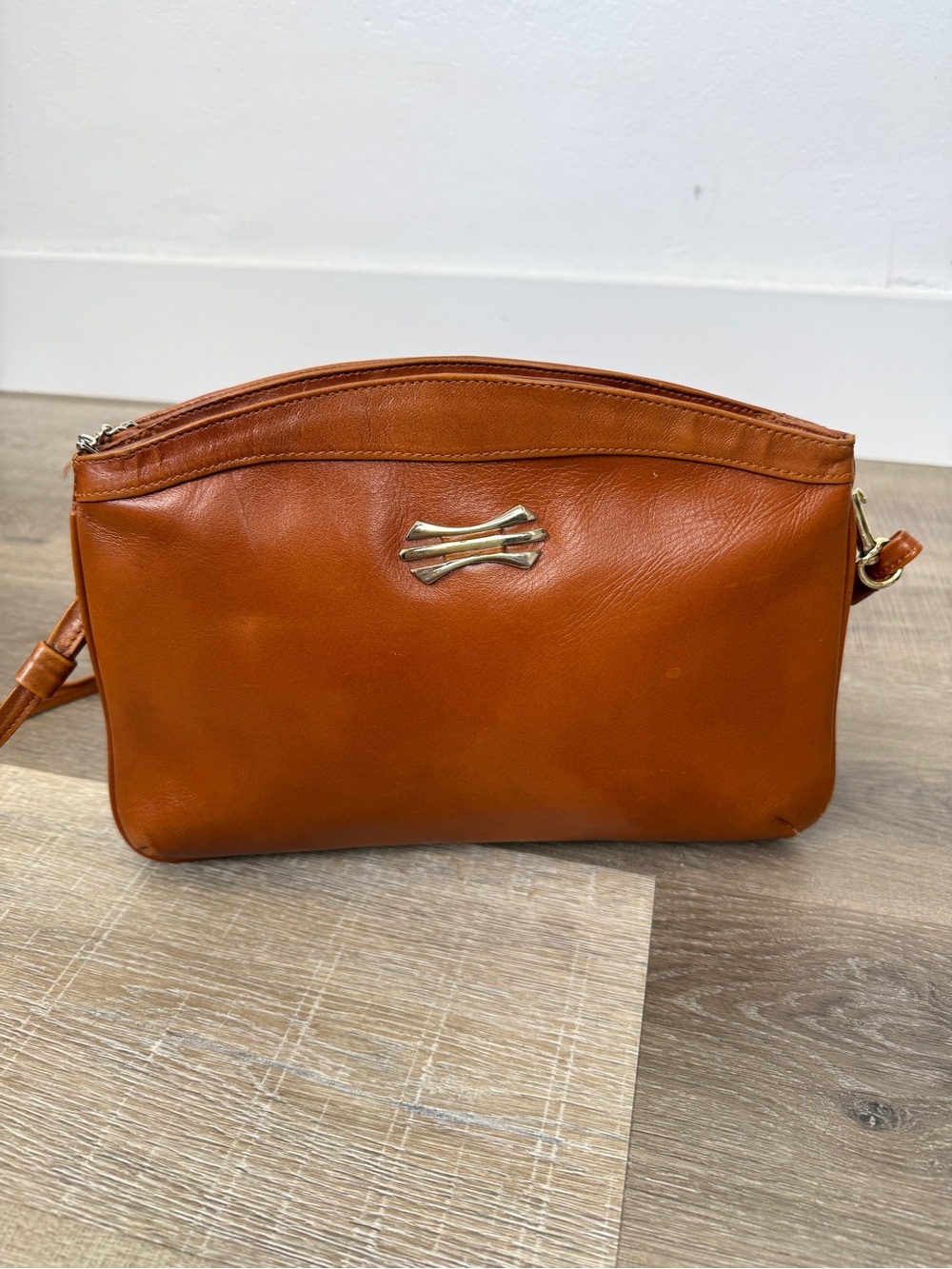 Vintage Brown Leather Double Zip Crossbody Shoulder Bag Purse